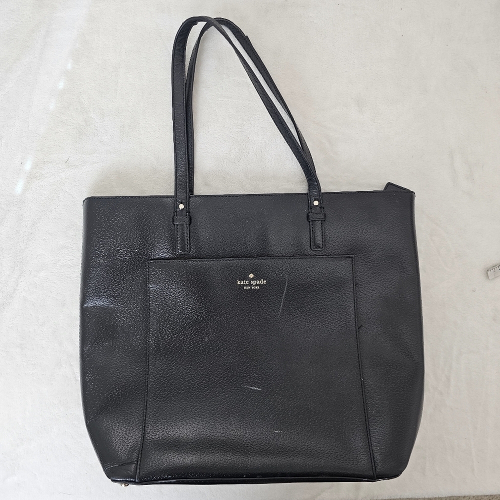 Kate Spade Black Leather Large Tote Shoulder Bag Work Purse - Picture 2 of 15